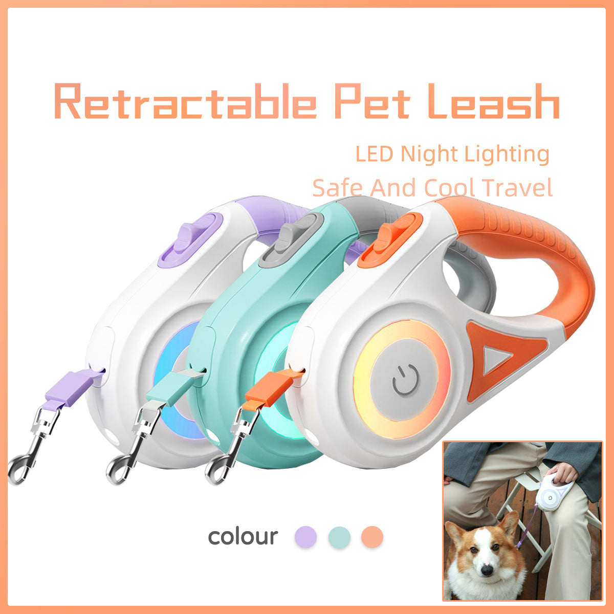 correa retractil para perros con luz led mas collar